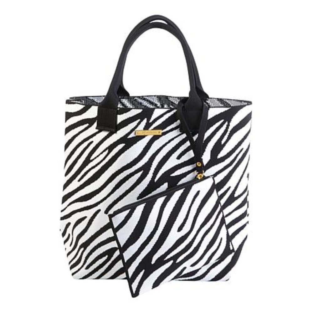 Joy MANGANO  World Traveler Knit Chic Tote & Wristlet Set ZEBRA ANIMAL BLACK
